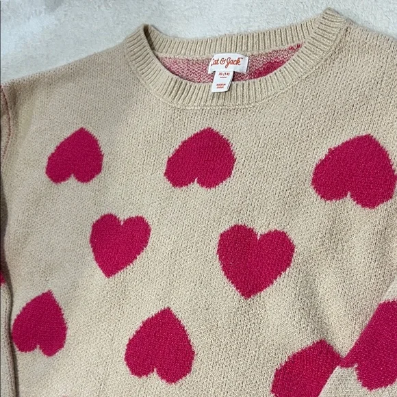 Cat & Jack Heart Pattern Sweater - Cream and Pink sx XL /14 - Picture 2 of 5